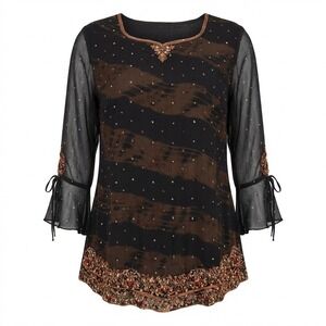 Vtg Beaded Sequined Sheer‎ Tunic Top XL Black Split Tie Sleeves Dark Whimsygoth
